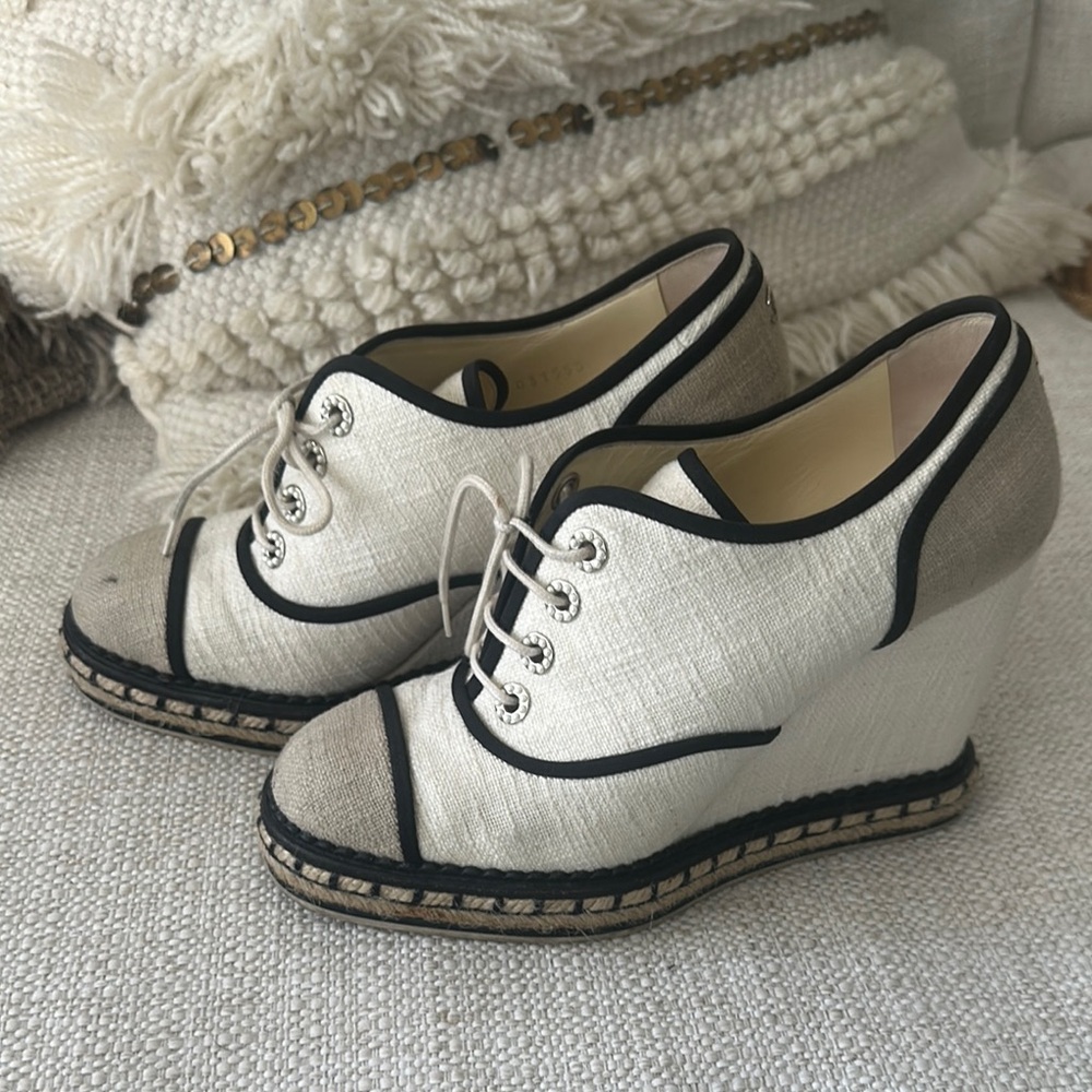 Chanel Stylish Women's Wedge Shoes - Cream and Black